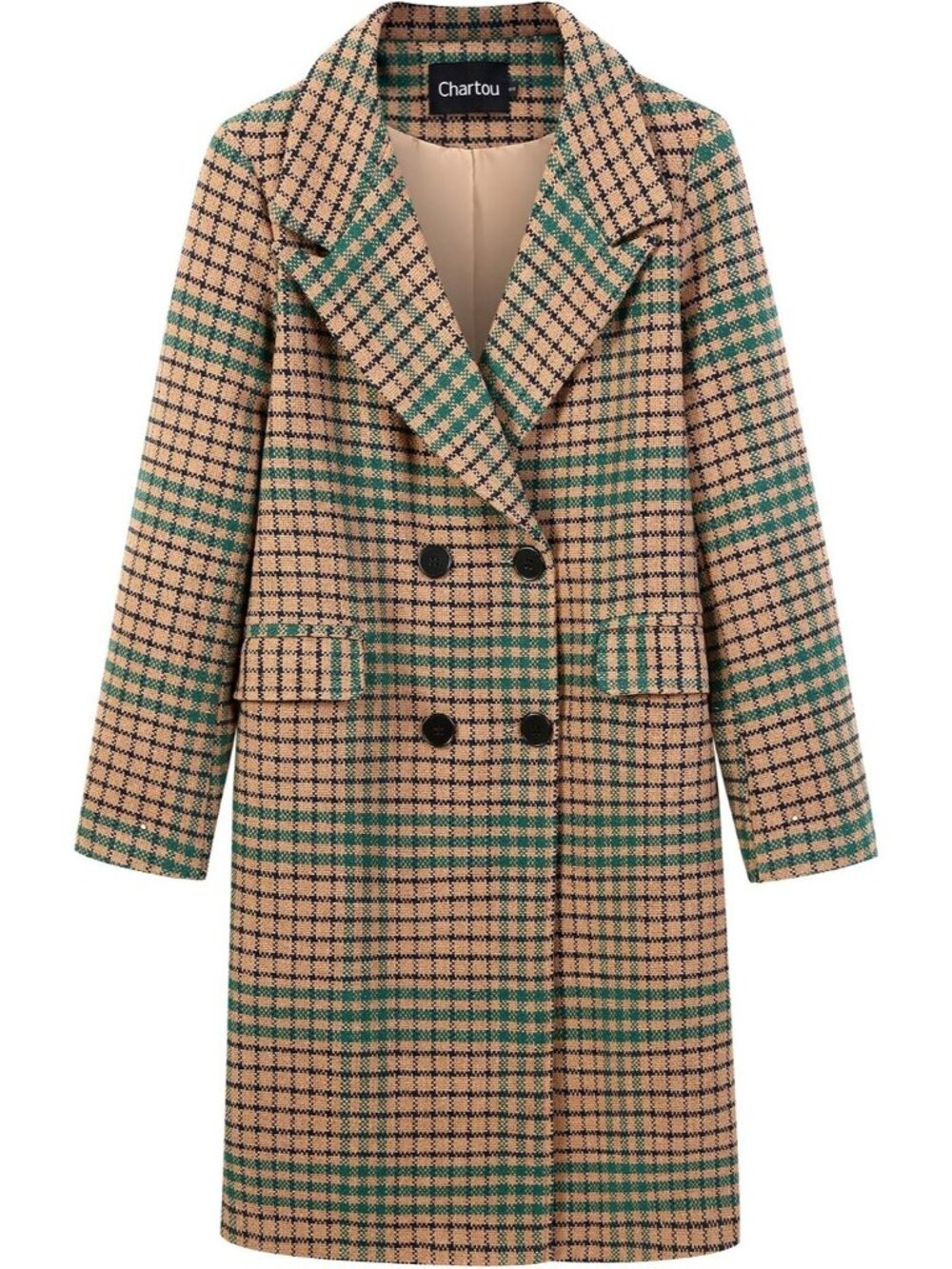 Women's Green Winter Oversize Lapel Collar Woolen Double Breasted Pea Coat